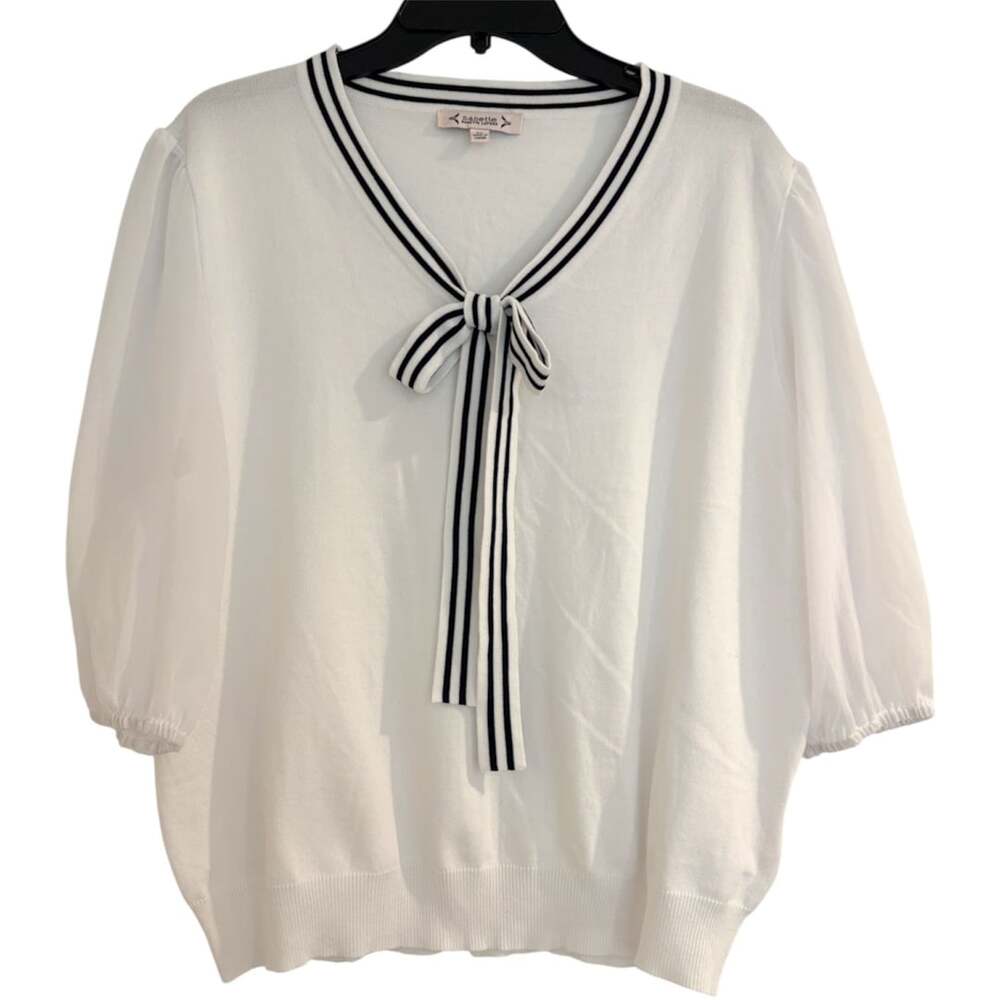 Nanette Lepore Sheer Puff Sleeve Tie-Neck Sweater Size XL